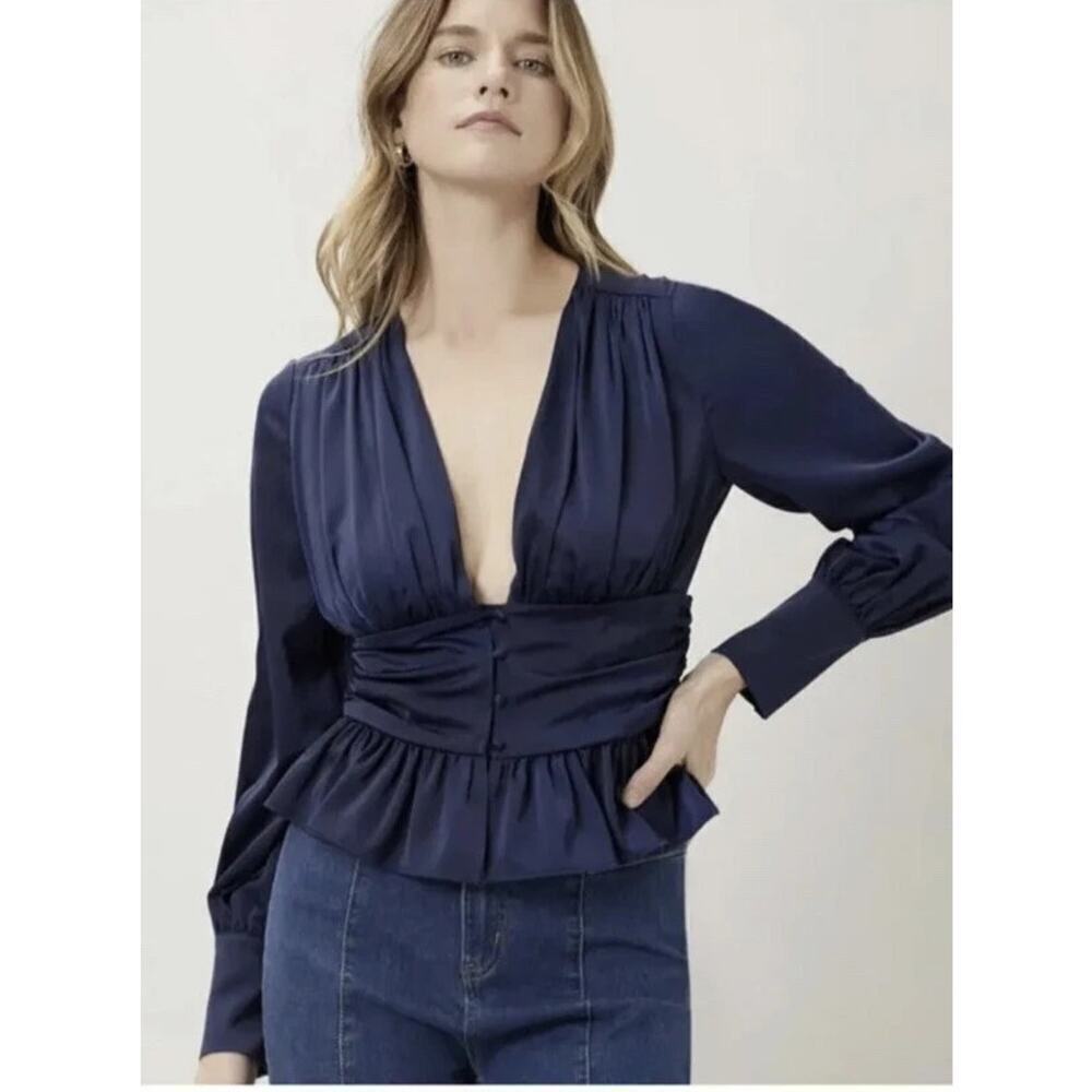 Jason Wu Long Sleeve Deep V-Neck Satin Peplum Button Blouse Navy Blue Womens XS